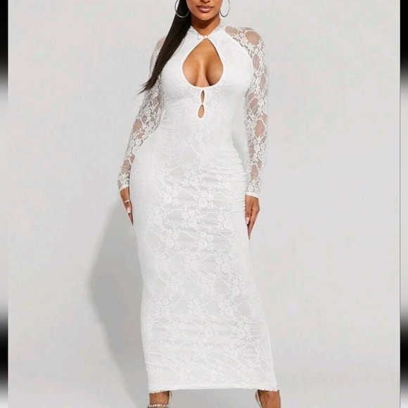 White Valentine's Day New Year Lace Lined Teardrop Neckline Cutout Snap Dress - Picture 1 of 4